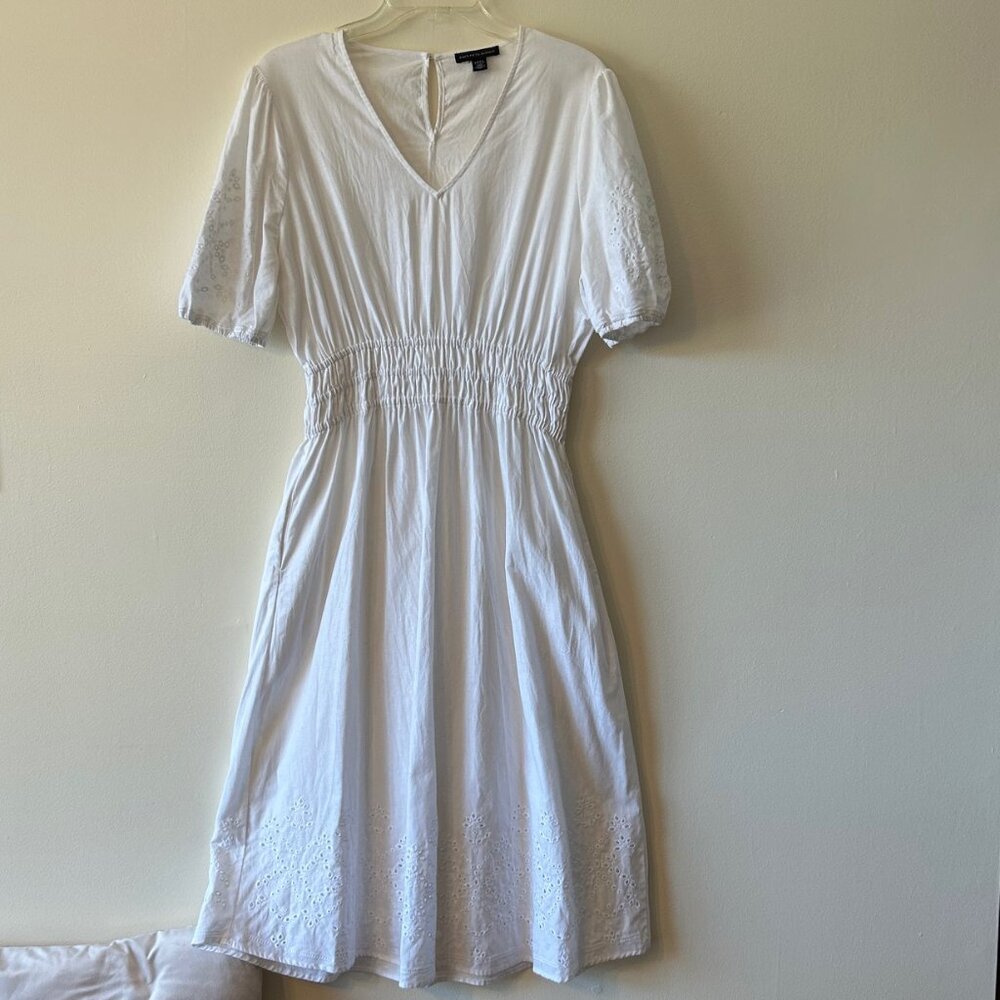 V-Neck White Cotton/Linen Maxi Dress with Elastic Waist